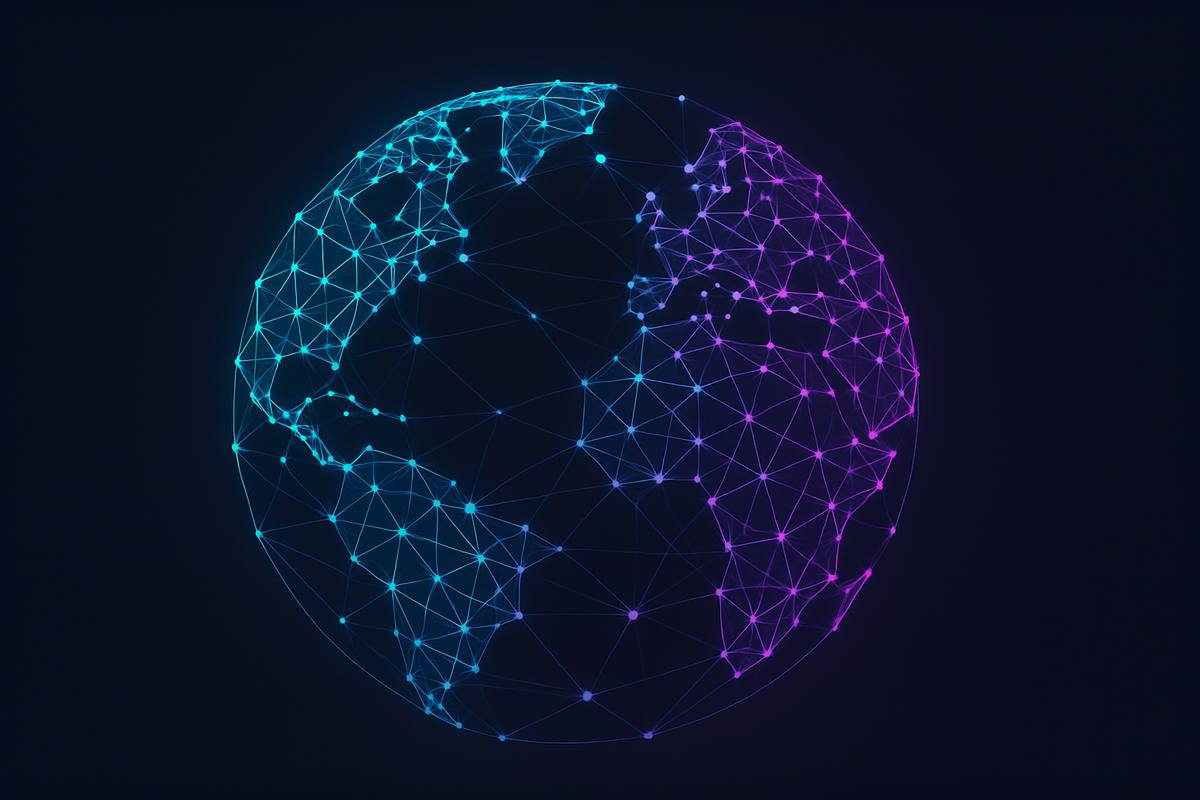 Abstract glowing global network of connected light nodes